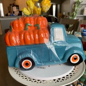 New Adorable Farmhouse Blue Truck &Pumpkins Cookie Jar